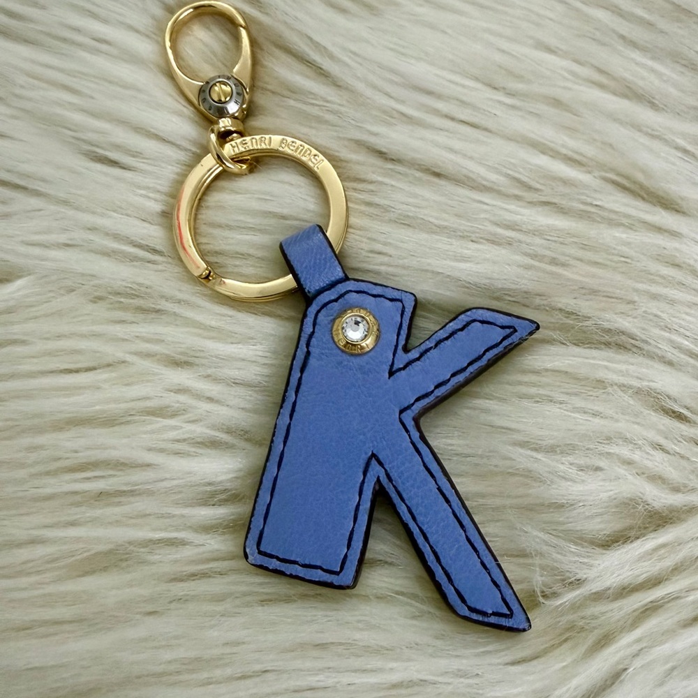 Henri Bendel Blue Leather Key Chain K Striped Gold Rhinestone Accent